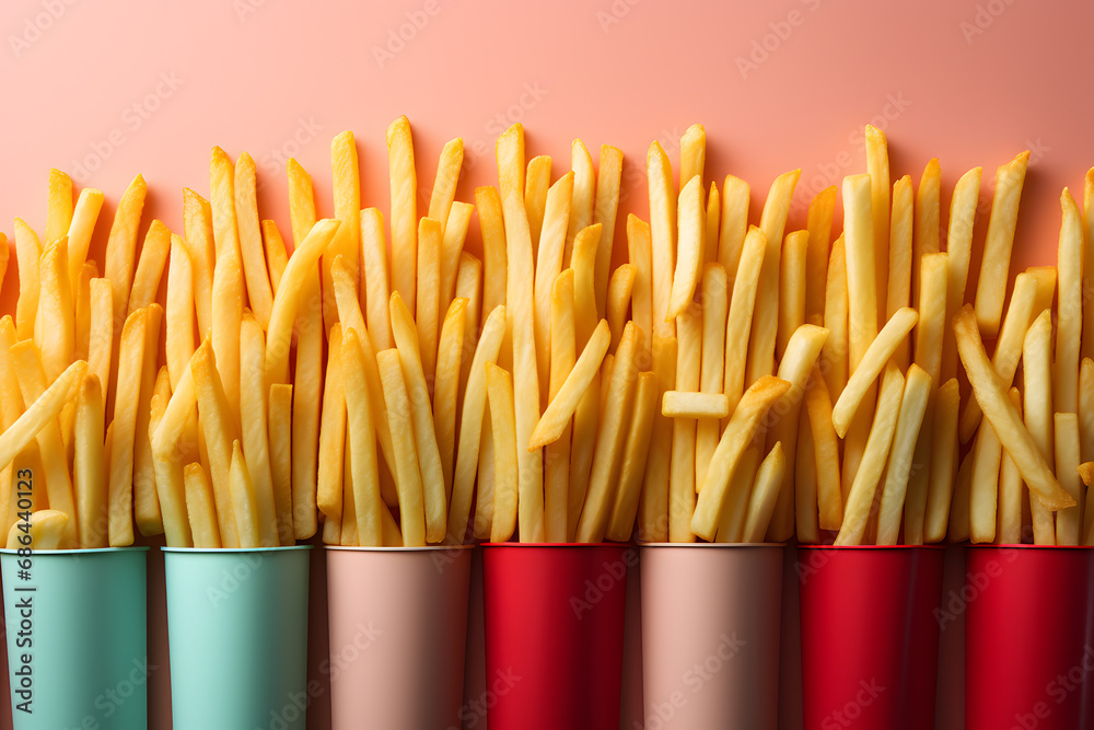 French fries inside colored cones, with copy space
