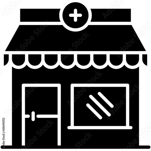 Pharmacy Icon. Medical Retail Store Pictogram Graphic Illustration. Isolated Simple Solid Icon For Infographic, App and Web Button.