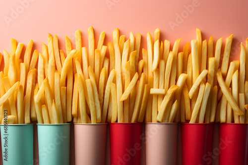 Obraz na płótnie French fries inside colored cones, with copy space w salonie