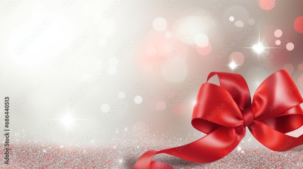 Produce an elegant Valentine's card design with intricately designed red ribbon-shaped hearts placed against a shimmering silver background