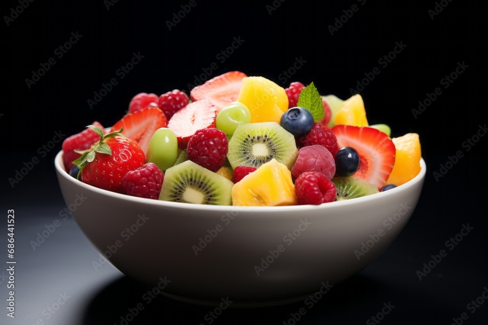 A bowl of colorful fruit salad, low angle shot, Jurassic A bowl of colorful fruit salad, low angle shot, Jurassic