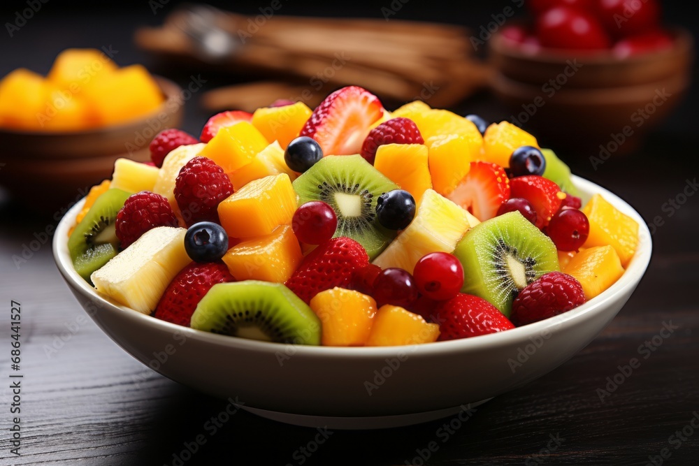 A bowl of colorful fruit salad, low angle shot, Jurassic A bowl of colorful fruit salad, low angle shot, Jurassic