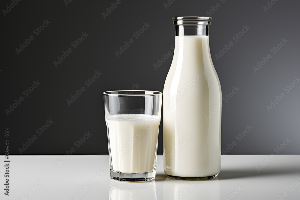 Bottle and glass with milk on a table, with copy space