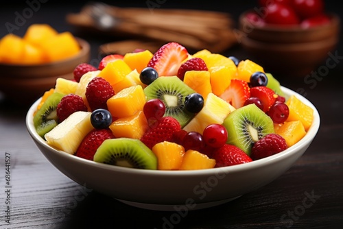 A bowl of colorful fruit salad  low angle shot  Jurassic