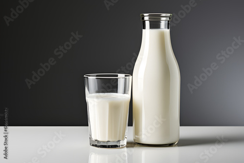Obraz na płótnie Bottle and glass with milk on a table, with copy space w salonie