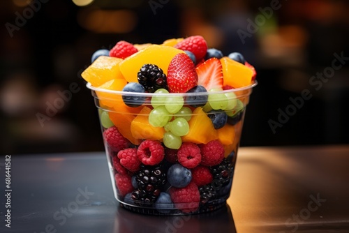 A bowl of colorful fruit salad, low angle shot, Jurassic