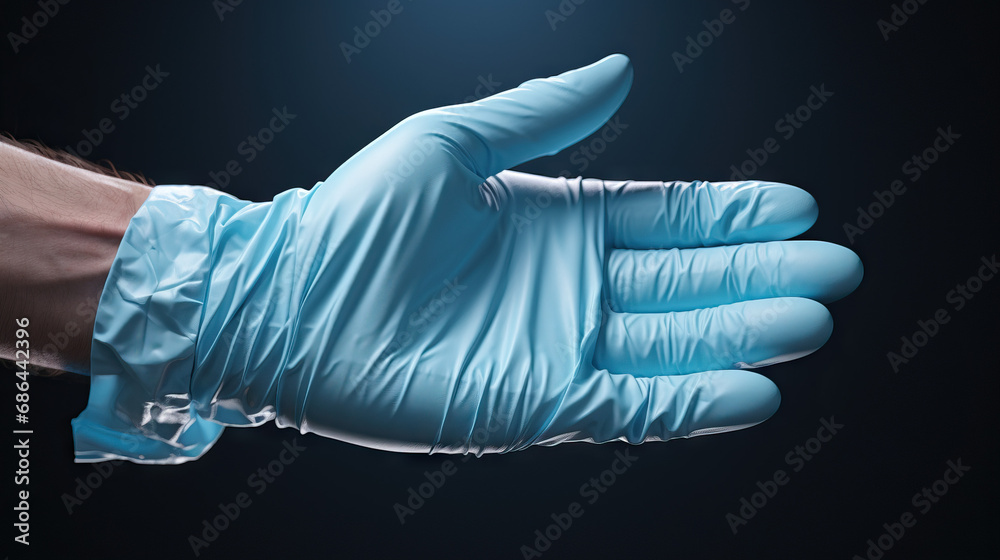 Obraz premium Hands wearing latex surgical gloves. Concept of Hygiene and Safety Precautions, Medical or Laboratory Glove, Protective Gear for Cleanliness.