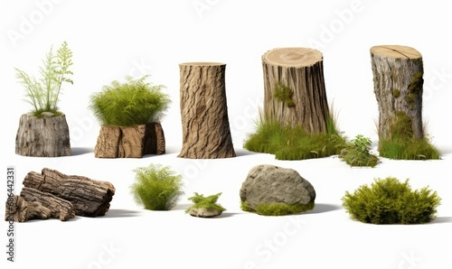 Cutout forest montage pack collection set stump wood shrubs rocks 3d rendering, Generative AI 