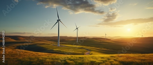 Wind turbines generating clean energy in sustainable landscape at sunset. Renewable energy and technology.