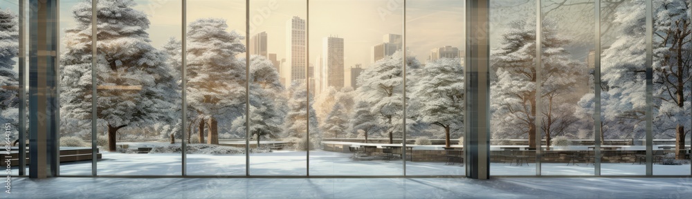 A Serene and Stylized Panoramic View of Snow-Dusted Winter Trees Gently Swaying Outside the Gleaming Windows of a Bustling Office Complex