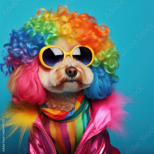 studio style shot of dog dressed in brightly coloured flamboyant clothing © clearviewstock