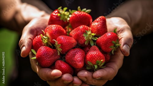 A zoom-in realistic photograph of a man holding some fresh red strawberry.