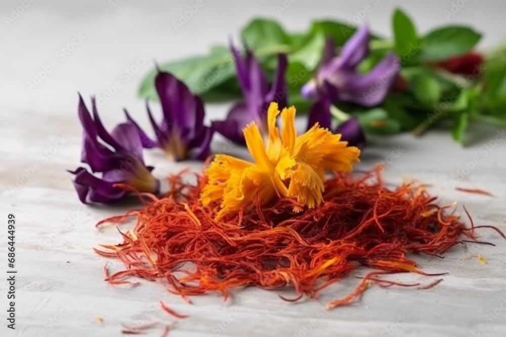 saffron spice, saffron leaves and flowers on a wooden surface. Generative AI.