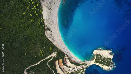 Flying over porto Katsiki beach, Lefkada, during the summer, Greek Ionian Islands. photo