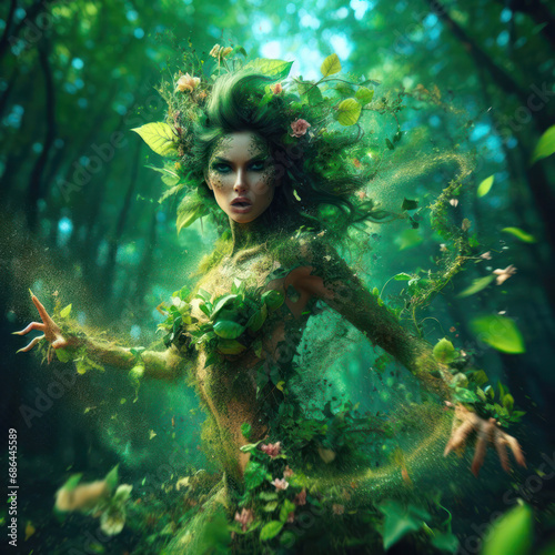  illustration on a nature goddess, elemental or sprite in a lush jungle forest