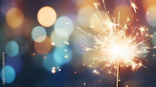 background with sparkler at new year`s eve party with bokeh of glowing colorful lights