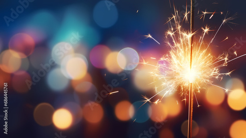 background with sparkler at new year s eve party with bokeh of glowing colorful lights