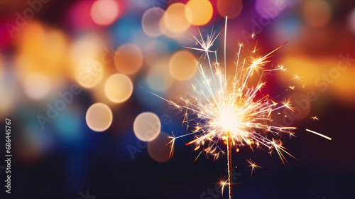 background with sparkler at new year s eve party with bokeh of glowing colorful lights