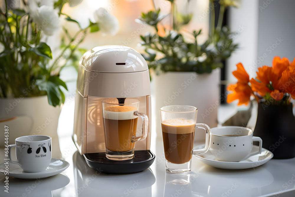 Capsule coffee in a glass mug in the kitchen
