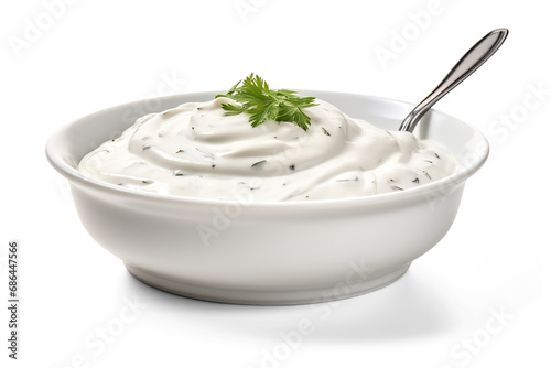  Sour cream in bowl. Cut out on transparent photo
