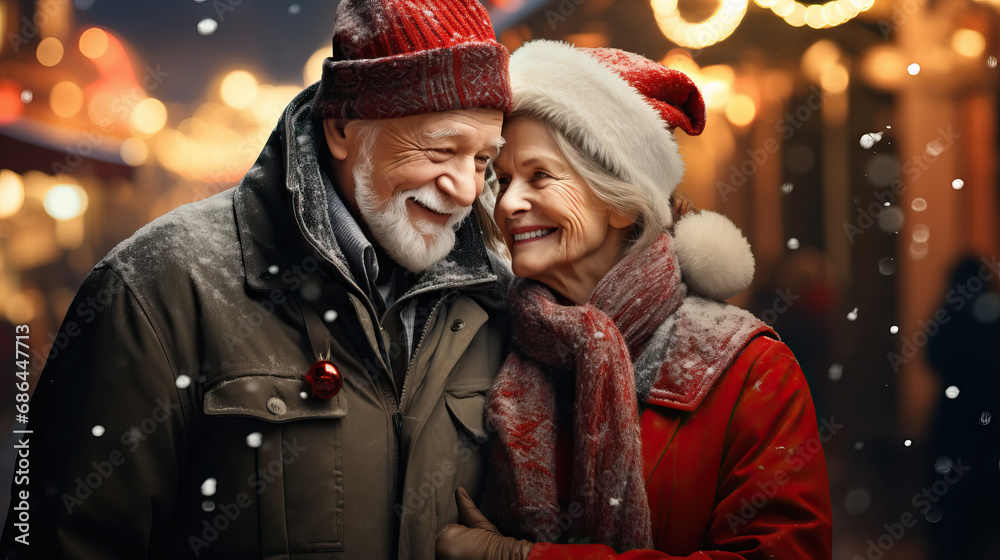 Senior couple in love at Christmas outside on snowy day. Concept of Elderly Love and Holiday Romance, Affectionate Bond Amidst Festive Season.