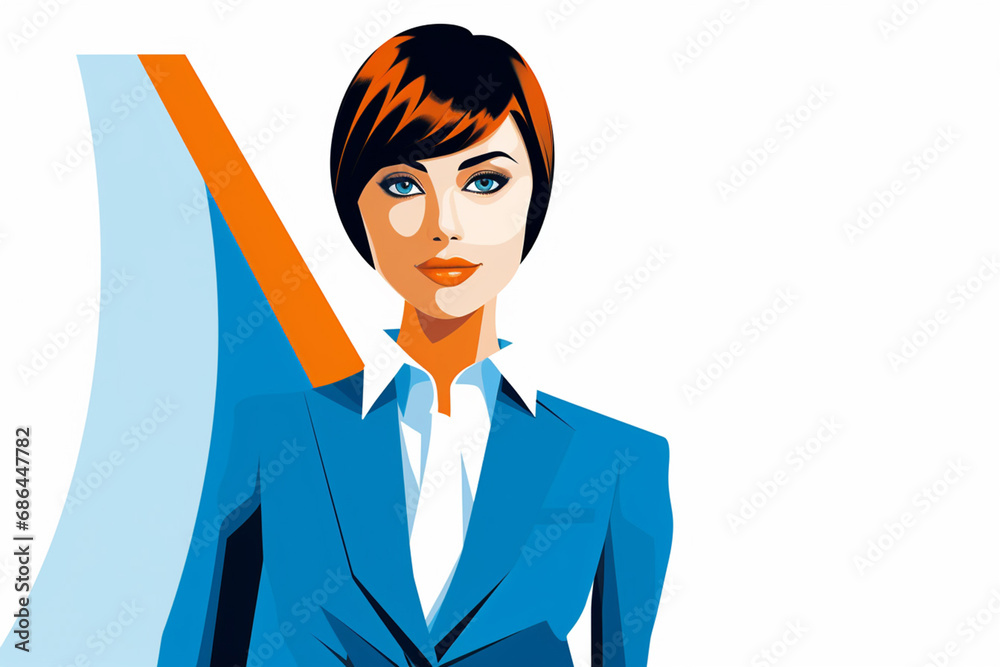 The blue and orange flat portrait illustration of a beautiful and young professional business woman in a smart working suit isolated on a simple and colorful background. Generative AI. The blue and orange flat portrait illustration of a beautiful and young professional business woman in a smart working suit isolated on a simple and colorful background. Generative AI.