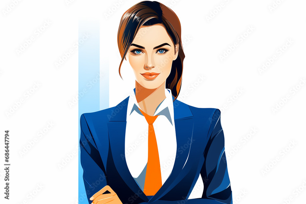 The blue and orange flat portrait illustration of a beautiful and young professional business woman in a smart working suit isolated on a simple and colorful background. Generative AI. The blue and orange flat portrait illustration of a beautiful and young professional business woman in a smart working suit isolated on a simple and colorful background. Generative AI.