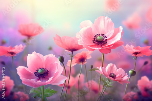 Beautiful pink flower anemones fresh spring morning on nature © Srikanth