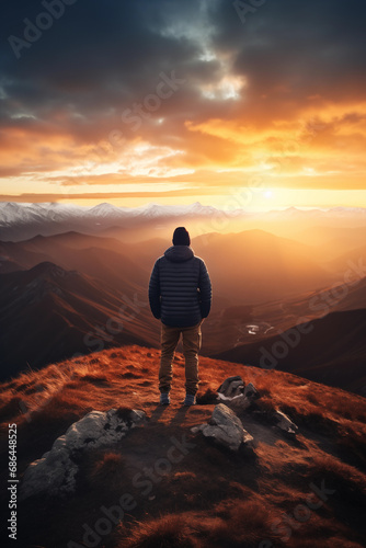 a person observing at a sunset in the mountains  Generative ai