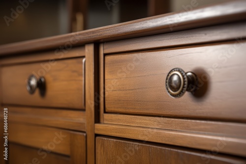 close up metal brass knob on old wooden low cabinet loose furniture detail design home interior concept