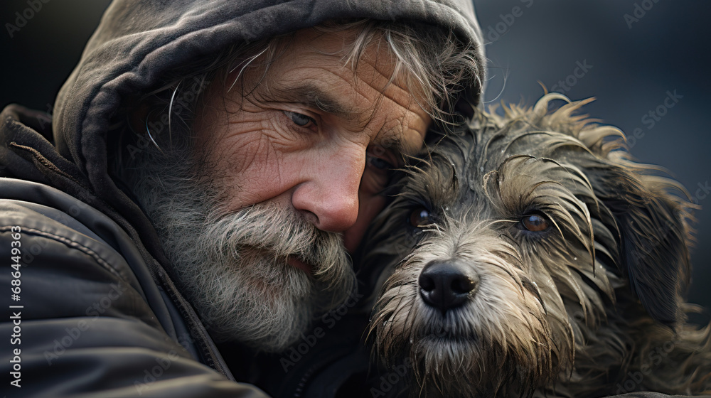 Portrait of Homeless man with dog. Concept of Companionship in Adversity, Homelessness and Animal Companions. Portrait of Homeless man with dog. Concept of Companionship in Adversity, Homelessness and Animal Companions.