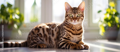 A Bengal cat enjoys sun and play in a bright room with a stunning tiger cat photo