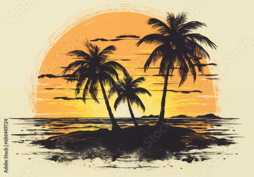 Island with two palm trees under a vibrant sunset in grunge style