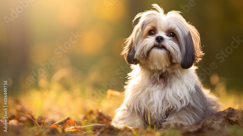 Shih Tzu dog with long groomed hair  outdoor portrait of 9 month old puppy.