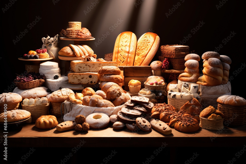 Various baked goods on a dark background. Generative AI