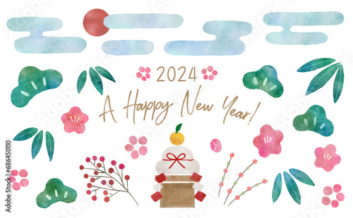松竹梅や鏡餅等の正月の年賀状に最適な水彩画イラストパーツ