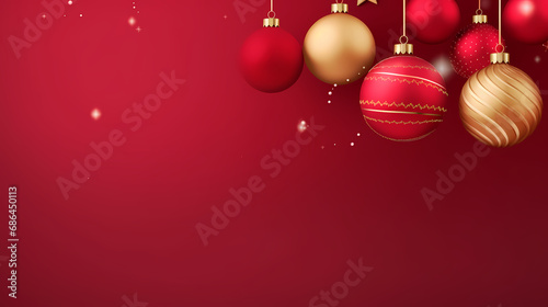 Christmas balls vector design. Merry christmas and happy new year greeting text with red and gold xmas balls hanging ornaments in elegant background. Vector illustration greeting card in red