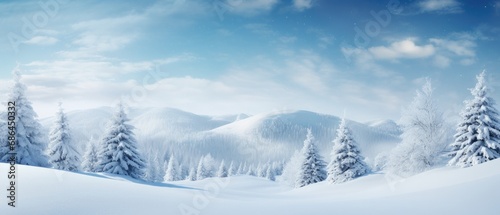 Winter landscape with snow-covered trees and clear blue sky. Seasonal background.