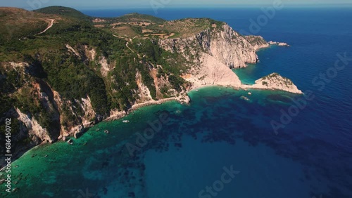 Flying over Paralia Petani Beach, Kefalonia, during summer, Greek Ionian Islands.