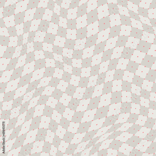Gray warped pixelated checkerboard print pattern. Seamless vector