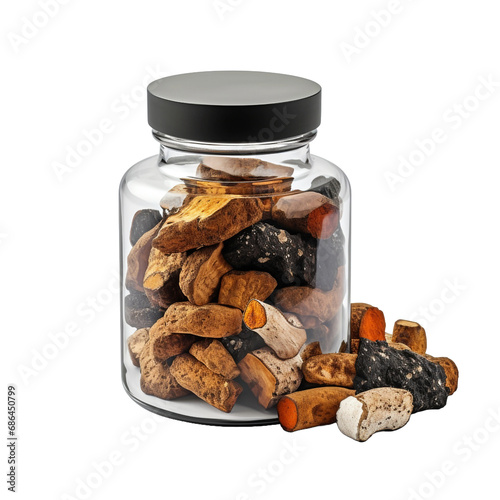 Chaga mushroom mixed with homeopathic pills in a jar representing alternative medicine isolated on transparent background