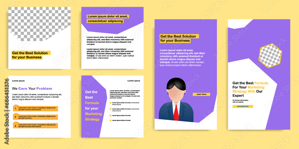 Social media carousel post and stories fat design banner layout in purple, yellow, white background. For tips podcast, motivation, self-development, microblog, sharing knowledge template