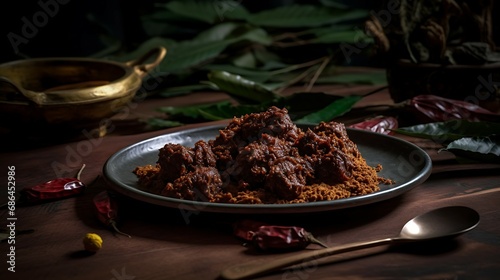 Indonesian food Rendang photography product display dept of field shot AI Image Generative