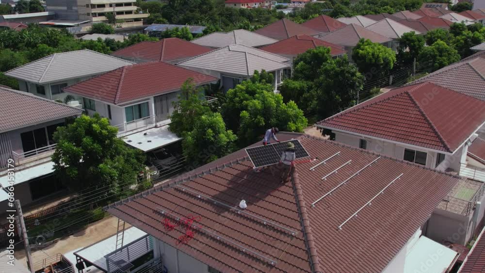 custom made wallpaper toronto digitalDrone view of engineer worker installed solar panels on roof of house.