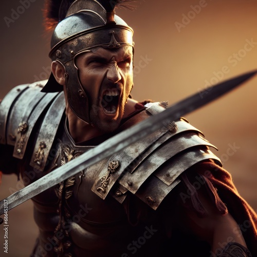 closeup of a roman warrior or gladiator angry in medieval battle