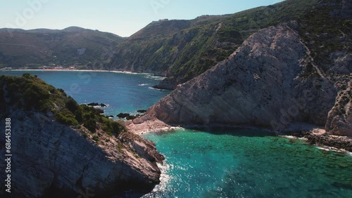 Flying over Paralia Petani Beach, Kefalonia, during summer, Greek Ionian Islands.