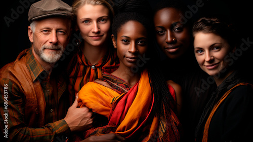Diverse Radiance: Four Happy Women of Different and a men Races Gazing at the Camera