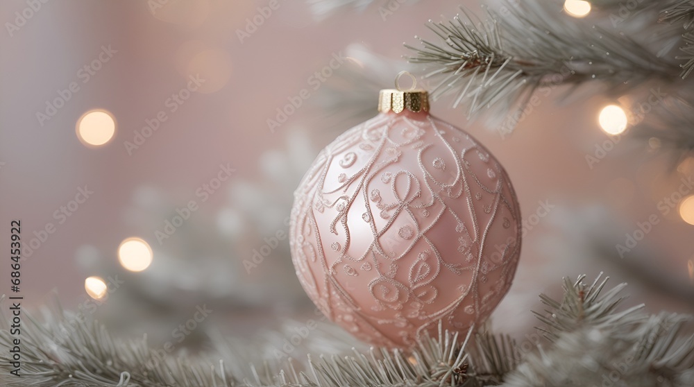 christmas balls tree decoration, bokeh circles on background, pastel peach photo christmas balls tree decoration, bokeh circles on background, pastel peach photo