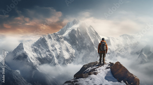 panorama of mountaineer standing on top snowy mountain