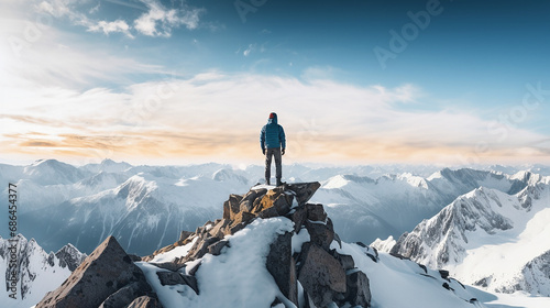 panorama of mountaineer standing on top snowy mountain photo